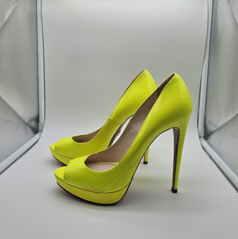 Prada Neon Yellow Peep Toe Stilettos